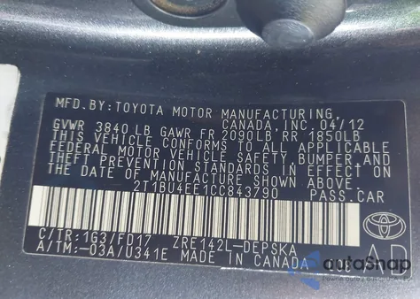 2012 Toyota Corolla S z USA, uszkodzony, nr VIN 2T1BU4EE1CC843790